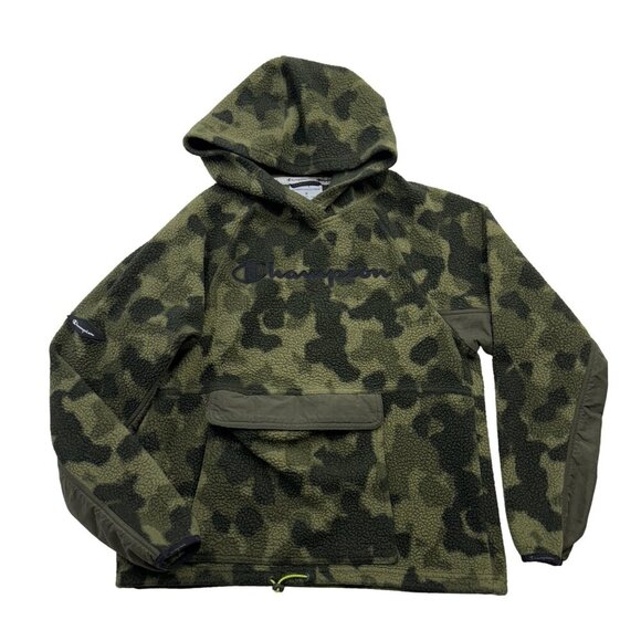 Champion Sherpa Hoodie Fleece Camo Pullover Retro Streetwear Outdoor Womens M - Picture 1 of 13